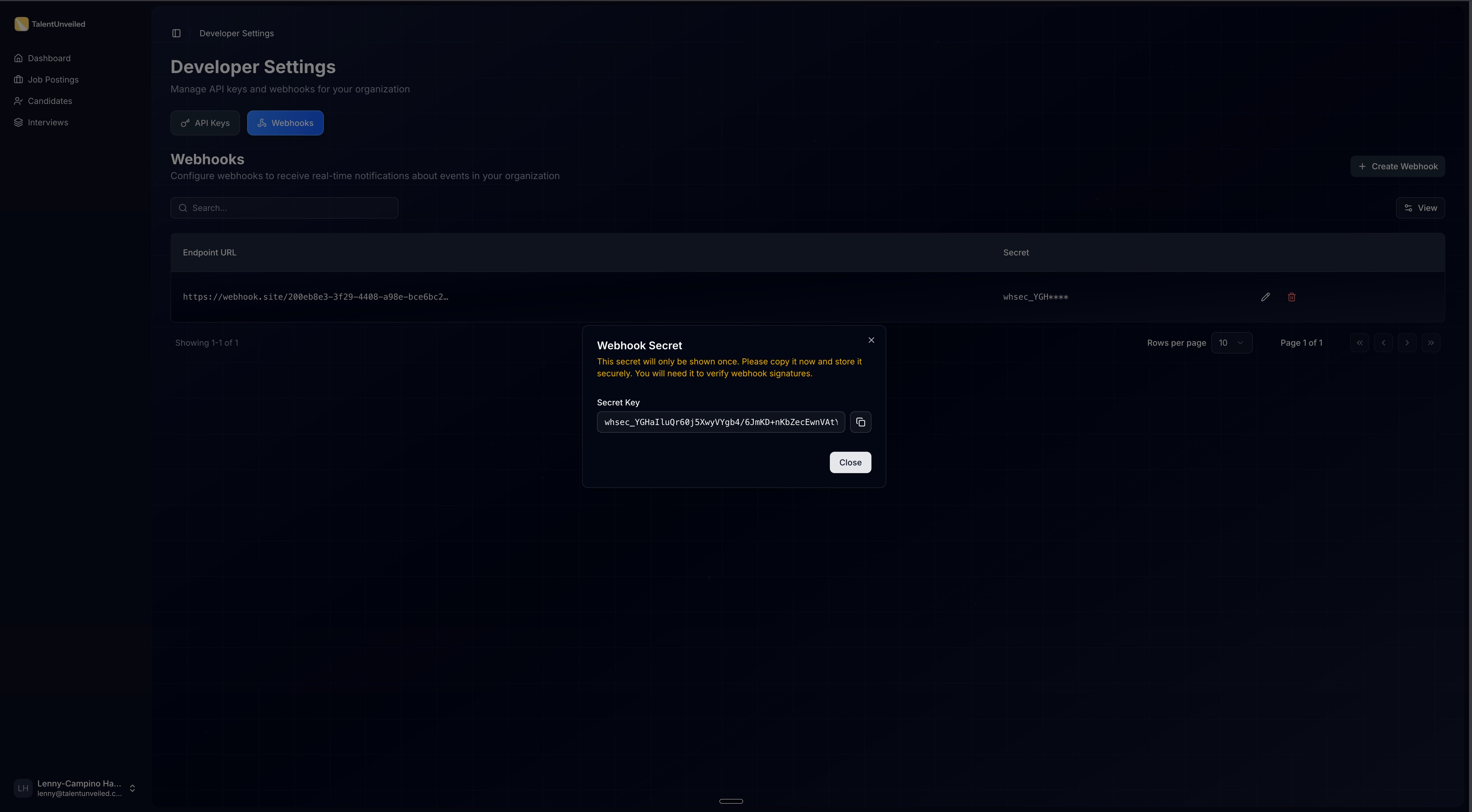 Signing secret dialog with copy button