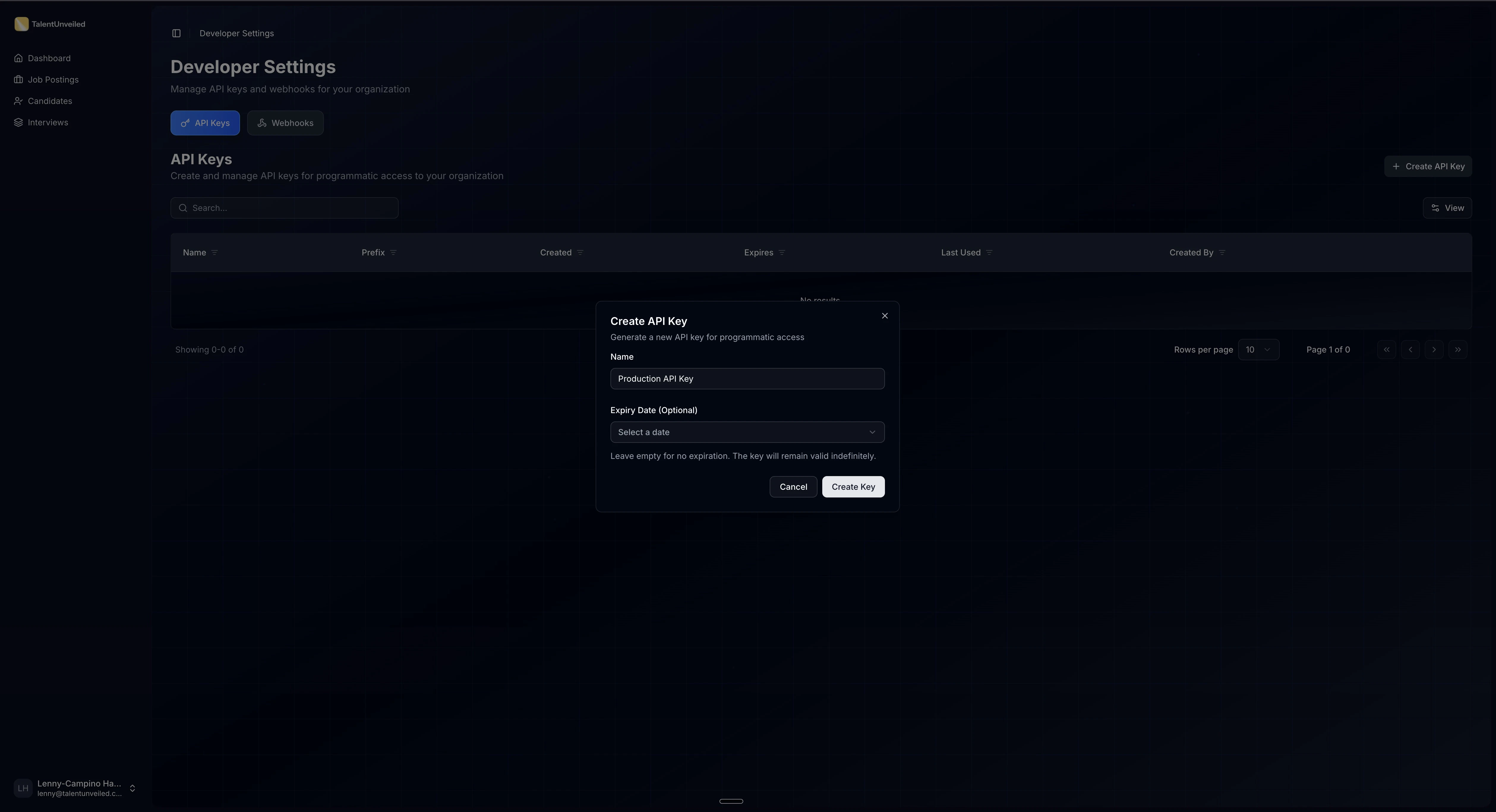Create API Key dialog with Name and Expiry Date fields
