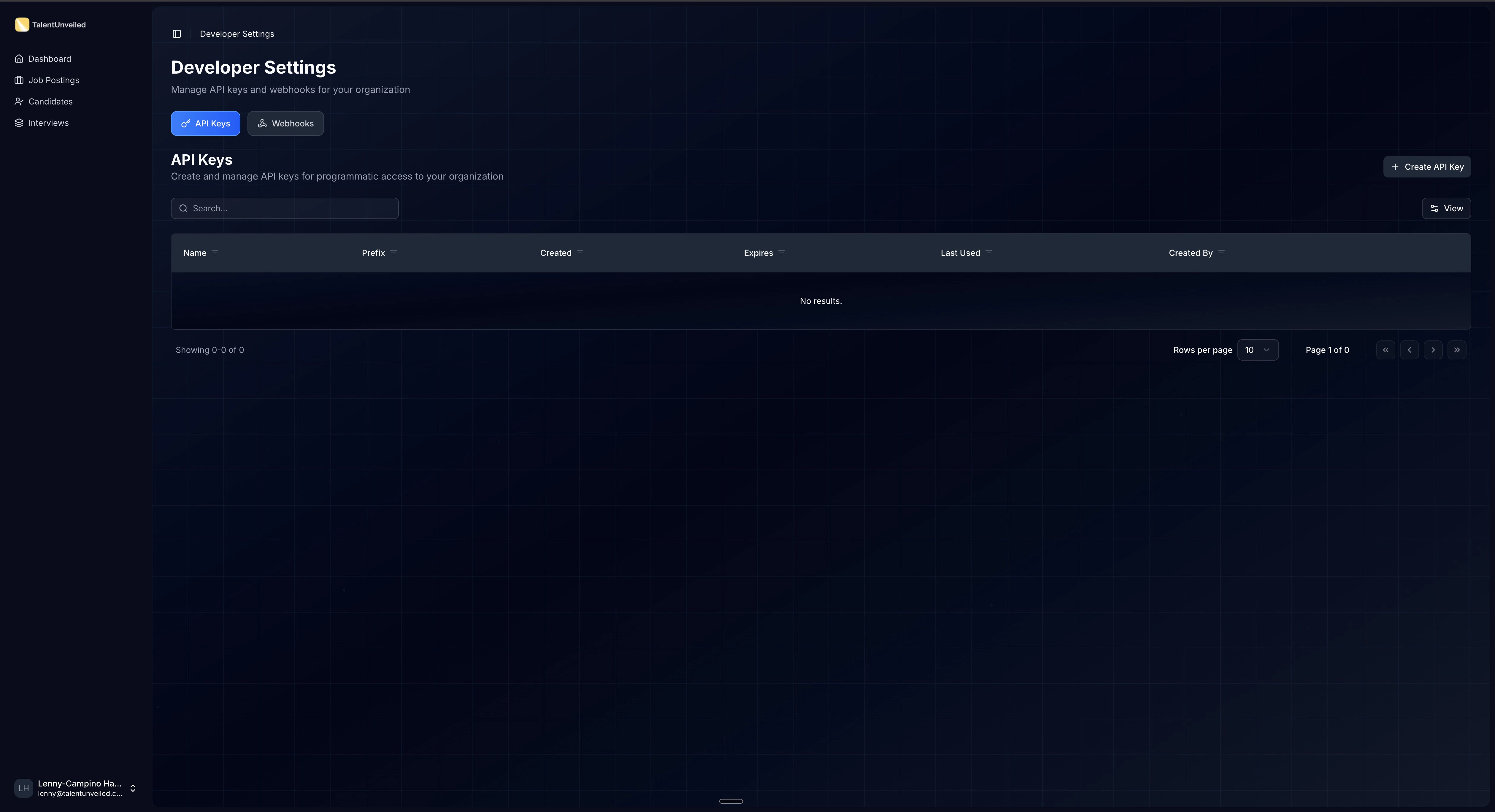 Developer Settings page with API Keys tab active
