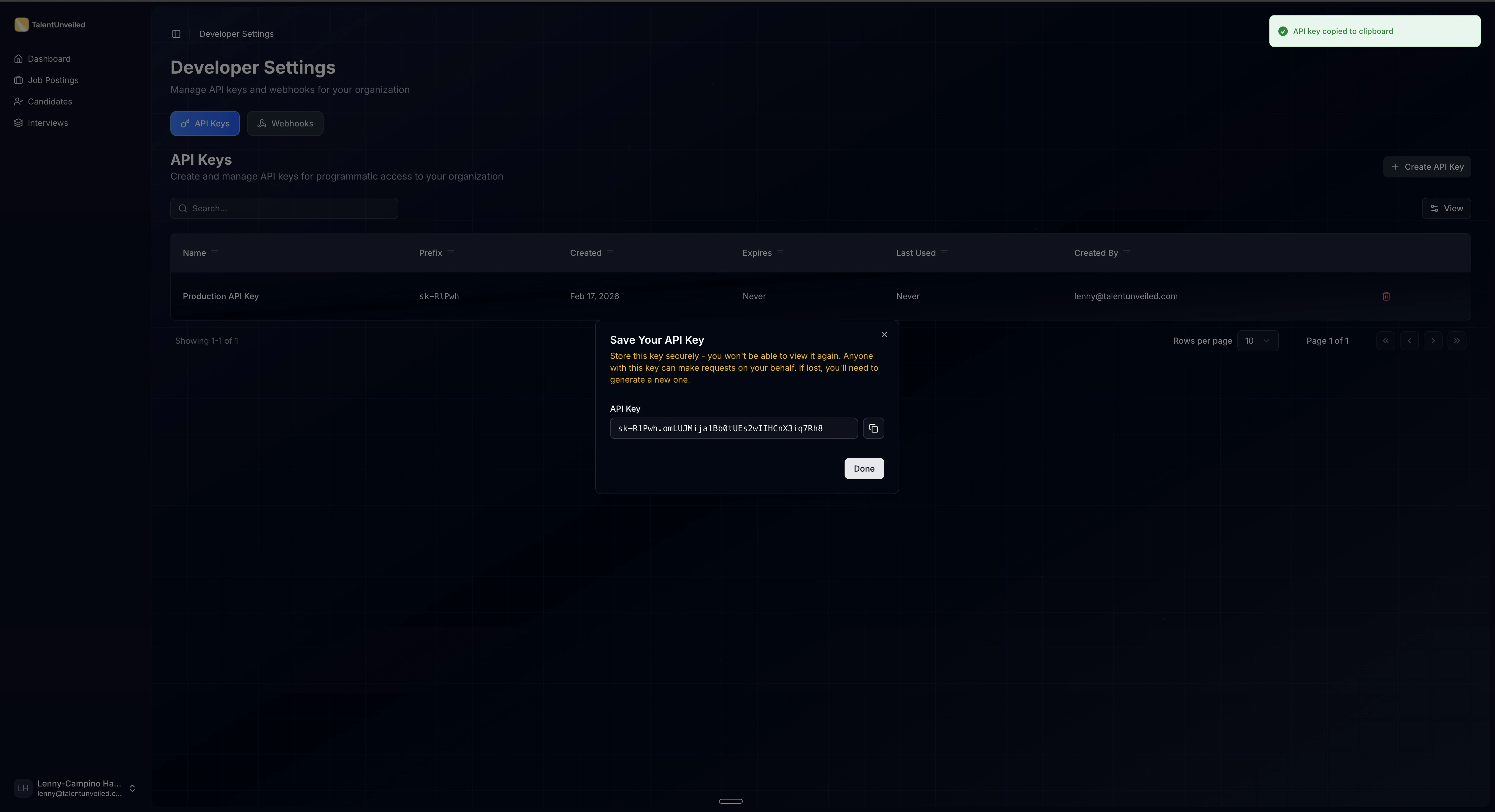API key revealed dialog with copy button