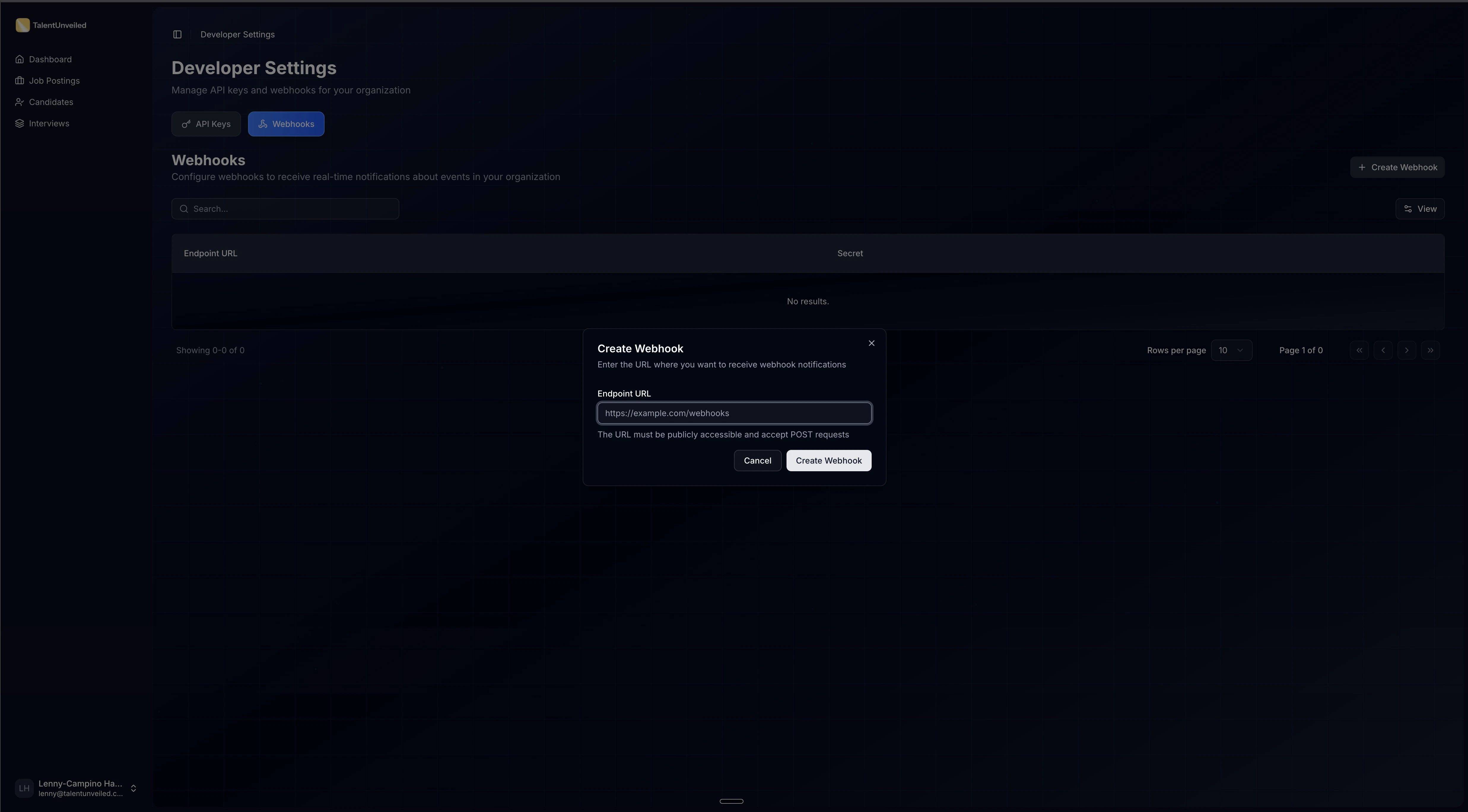 Create Webhook dialog with Endpoint URL field