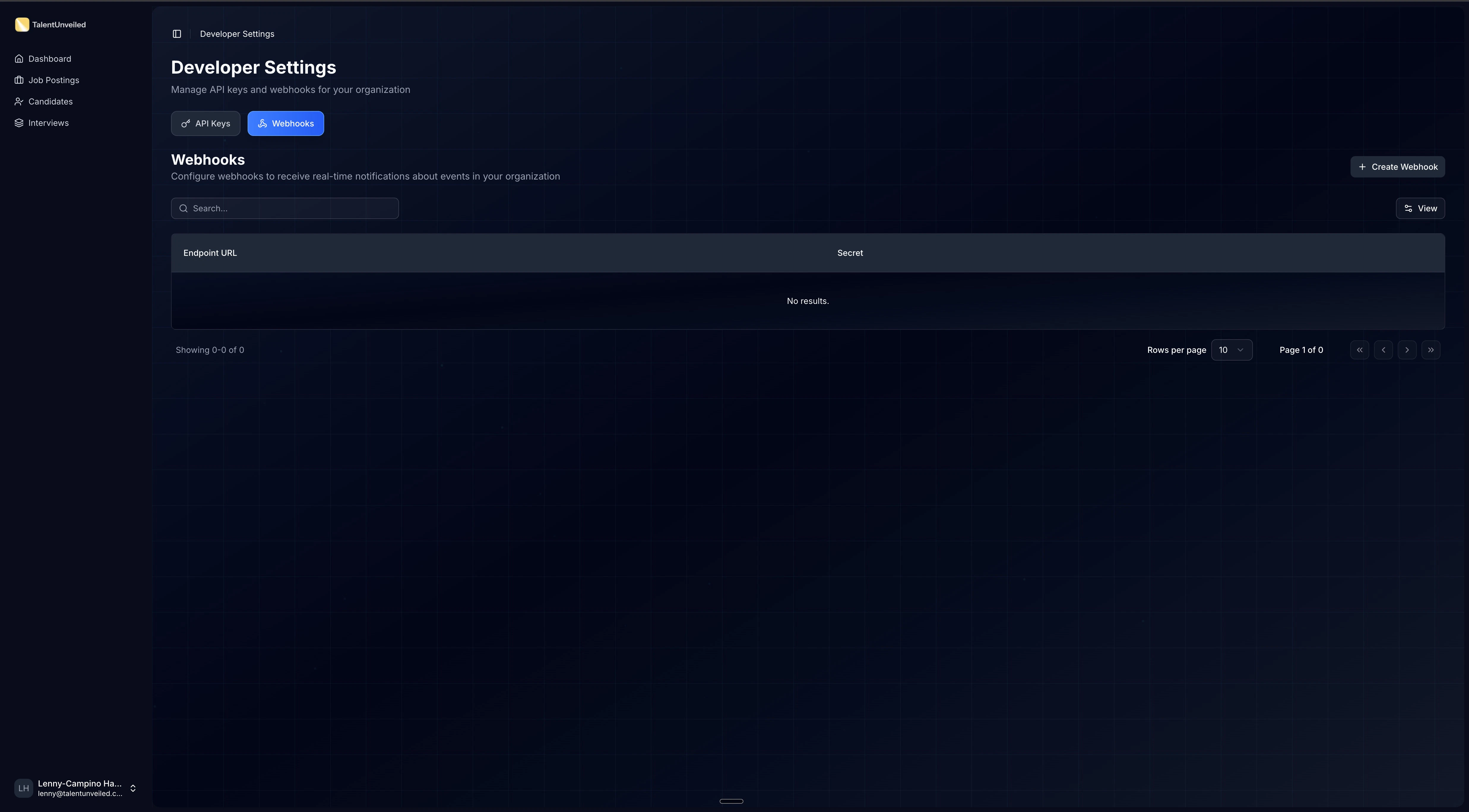 Developer Settings page with the Webhooks tab active