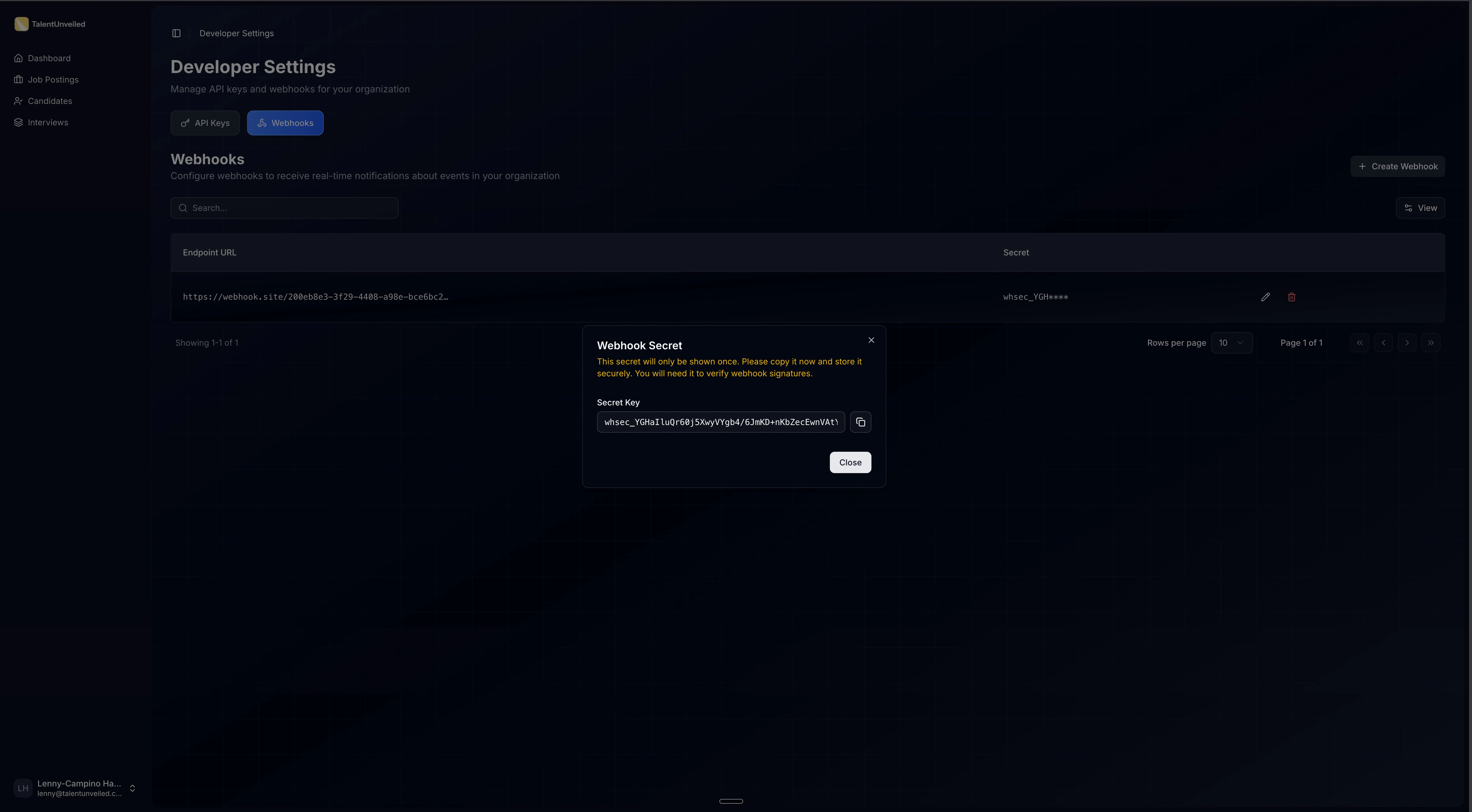Signing secret dialog with copy button