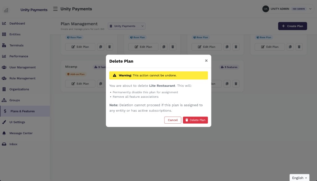Delete Plan modal: yellow Warning banner reads 'This action cannot be undone.' Body text reads 'You are about to delete Lite Restaurant. This will: Permanently disable this plan for assignment, Remove all feature associations. Note: Deletion cannot proceed if this plan is assigned to any entity or has active subscriptions.' Cancel and red Delete Plan buttons at the bottom.