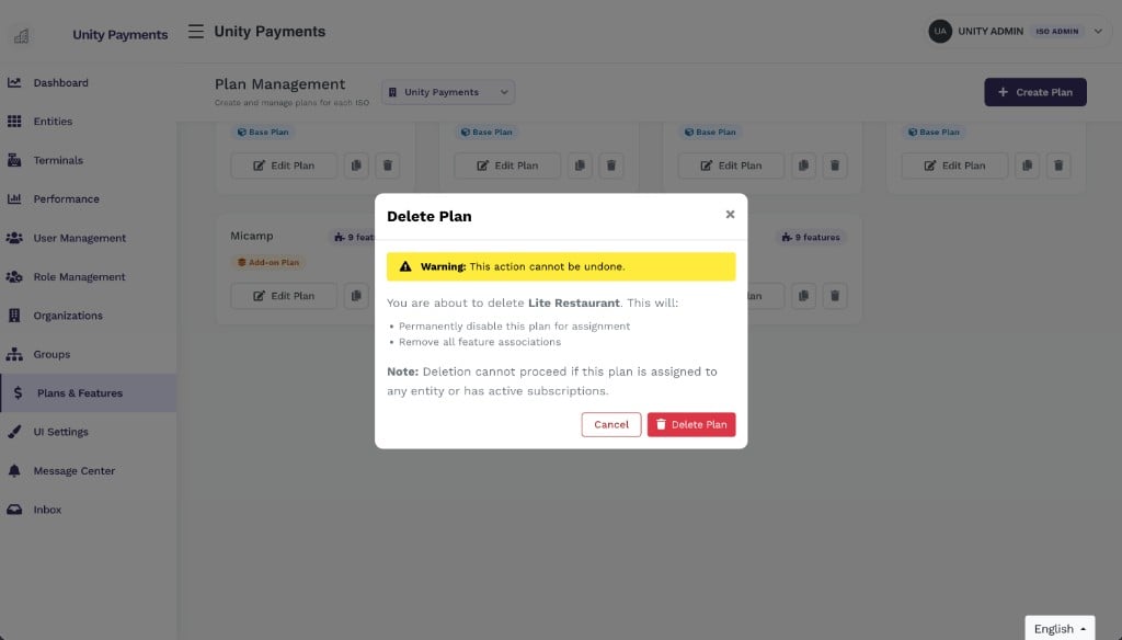Delete Plan modal: yellow Warning banner reads 'This action cannot be undone.' Body text reads 'You are about to delete Lite Restaurant. This will: Permanently disable this plan for assignment, Remove all feature associations. Note: Deletion cannot proceed if this plan is assigned to any entity or has active subscriptions.' Cancel and red Delete Plan buttons at the bottom.
