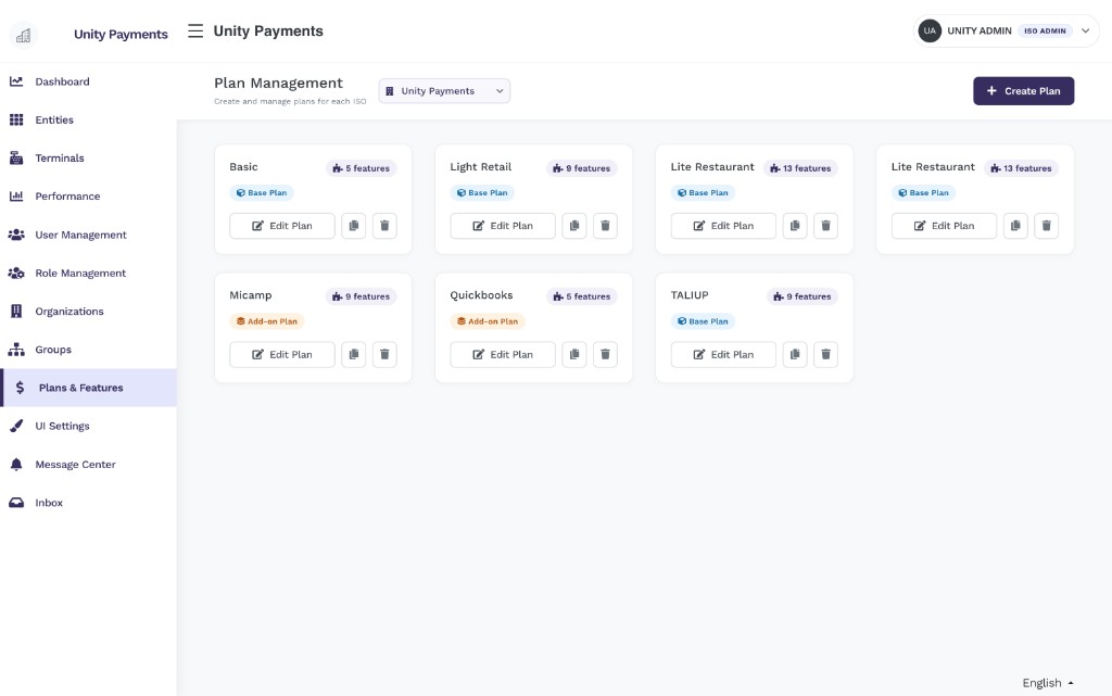 Plan Management page with an ISO dropdown showing Unity Payments and a + Create Plan button. Plans shown include Basic (5 features, Base Plan), Light Retail (9 features, Base Plan), Lite Restaurant x2 (13 features each, Base Plan), Micamp (9 features, Add-on Plan), Quickbooks (5 features, Add-on Plan), and TALIUP (9 features, Base Plan). Each card has Edit Plan, Copy, and Delete buttons.