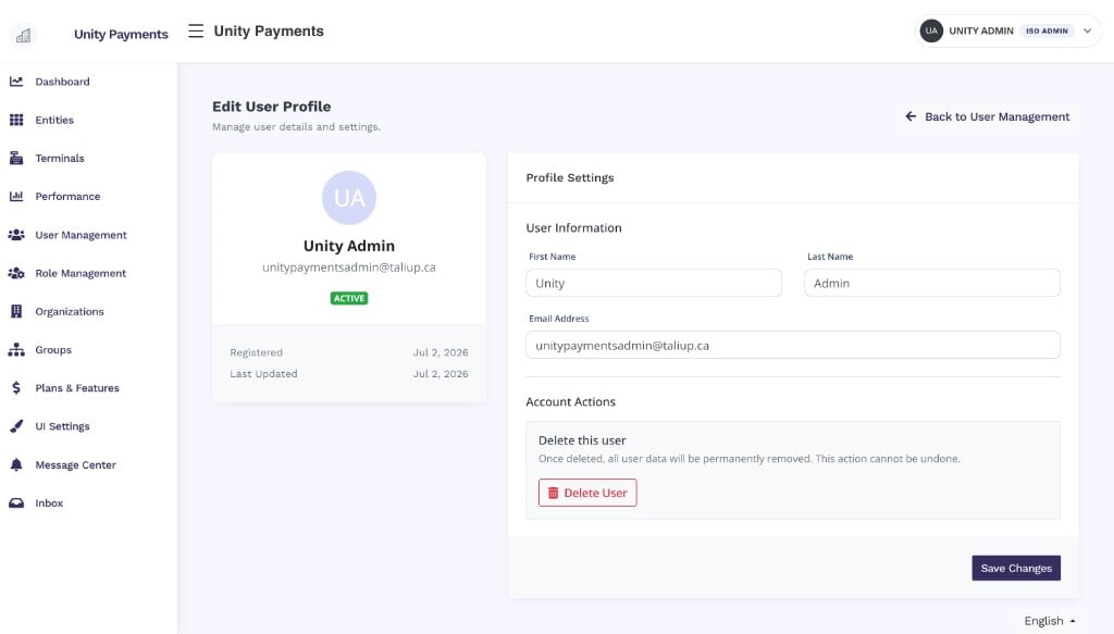 Edit User Profile page with a user avatar and status badge on the left, and Profile Settings on the right containing First Name, Last Name, Email Address inputs, a Delete User button under Account Actions, and a Save Changes button