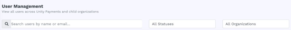 Filter bar with a search input labelled 'Search users by name or email...', an All Statuses dropdown, and an All Organizations dropdown