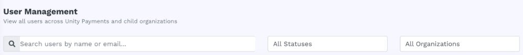 Filter bar with a search input labelled 'Search users by name or email...', an All Statuses dropdown, and an All Organizations dropdown