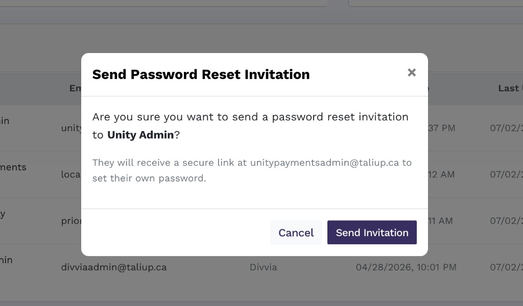 Modal with the title 'Send Password Reset Invitation', a confirmation message naming the user, a note that a secure link will be sent to their email, and Cancel / Send Invitation buttons