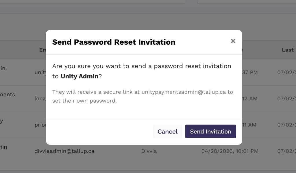 Modal with the title 'Send Password Reset Invitation', a confirmation message naming the user, a note that a secure link will be sent to their email, and Cancel / Send Invitation buttons