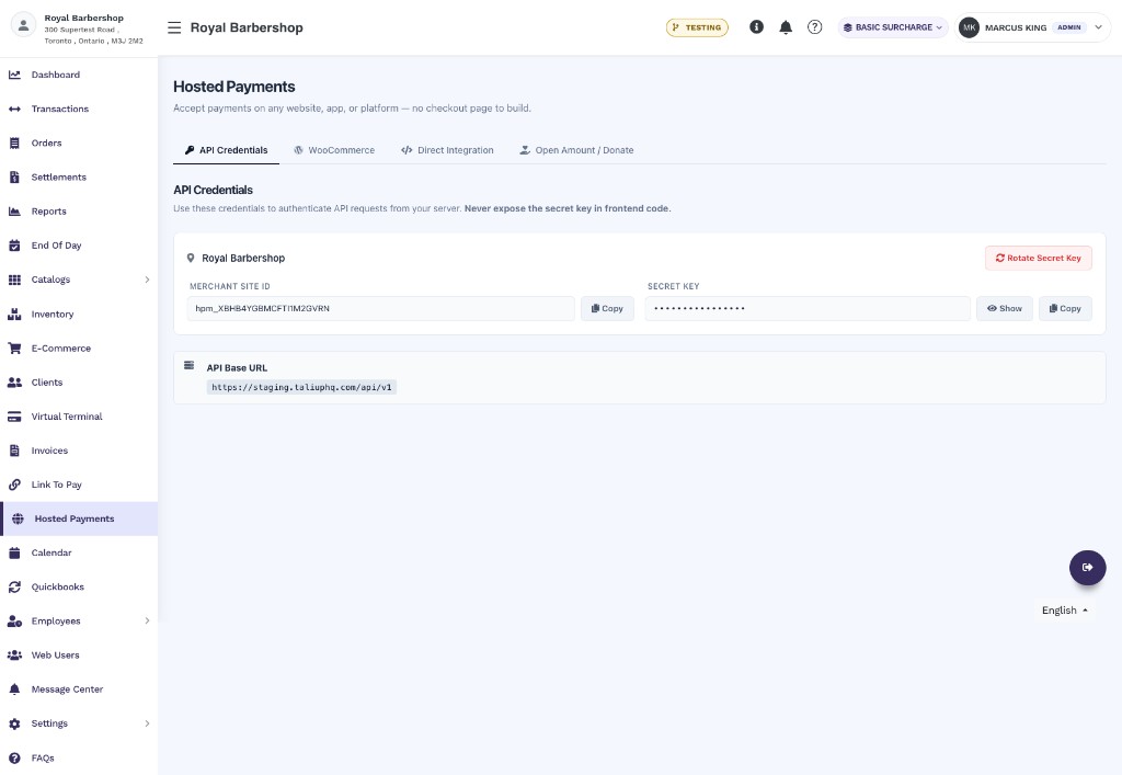 Hosted Payments API Credentials tab showing Merchant Site ID, masked Secret Key with Show and Copy buttons, Rotate Secret Key button, and API Base URL