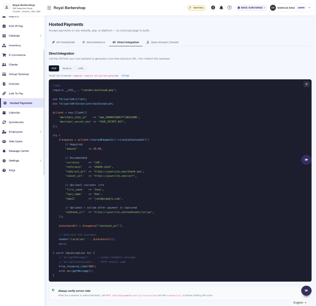 Direct Integration tab showing PHP code using the Taliup PHP SDK to create a checkout URL and redirect the customer