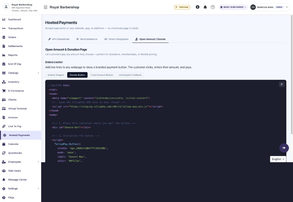 Donate Button sub-tab showing a complete HTML page with the TaliupPay SDK loaded in head and the open-mode button initialised in body