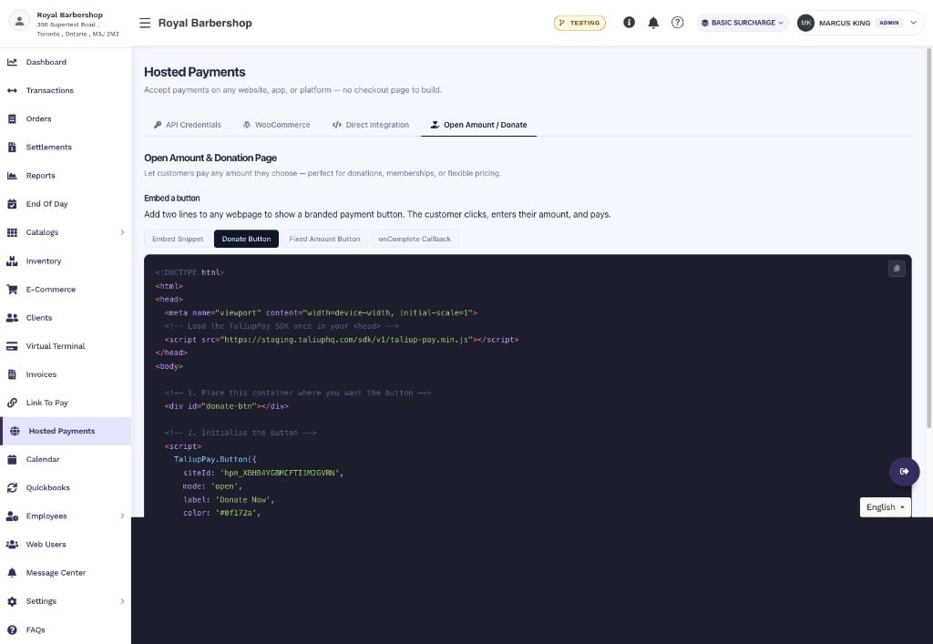 Sous-onglet Donate Button montrant une page HTML complète avec le SDK TaliupPay dans head et le bouton mode open dans body