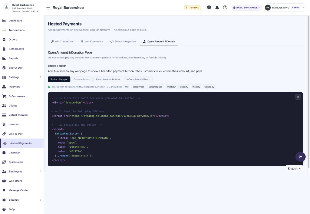 Open Amount Embed Snippet sub-tab showing the TaliupPay SDK script tag and TaliupPay.Button initialisation call