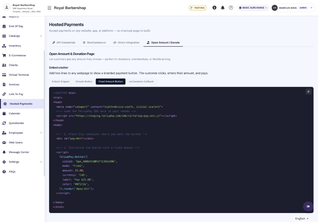 Fixed Amount Button sub-tab showing TaliupPay.Button with mode set to fixed, amount, currency, and label fields