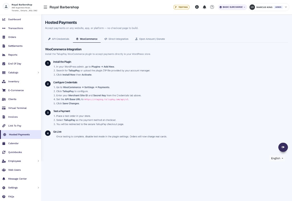 WooCommerce Integration tab with four numbered setup steps: Install the Plugin, Configure Credentials, Test a Payment, Go Live