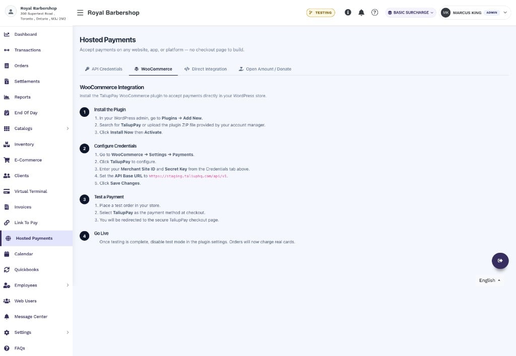 Onglet WooCommerce Integration avec quatre étapes : Install the Plugin, Configure Credentials, Test a Payment, Go Live