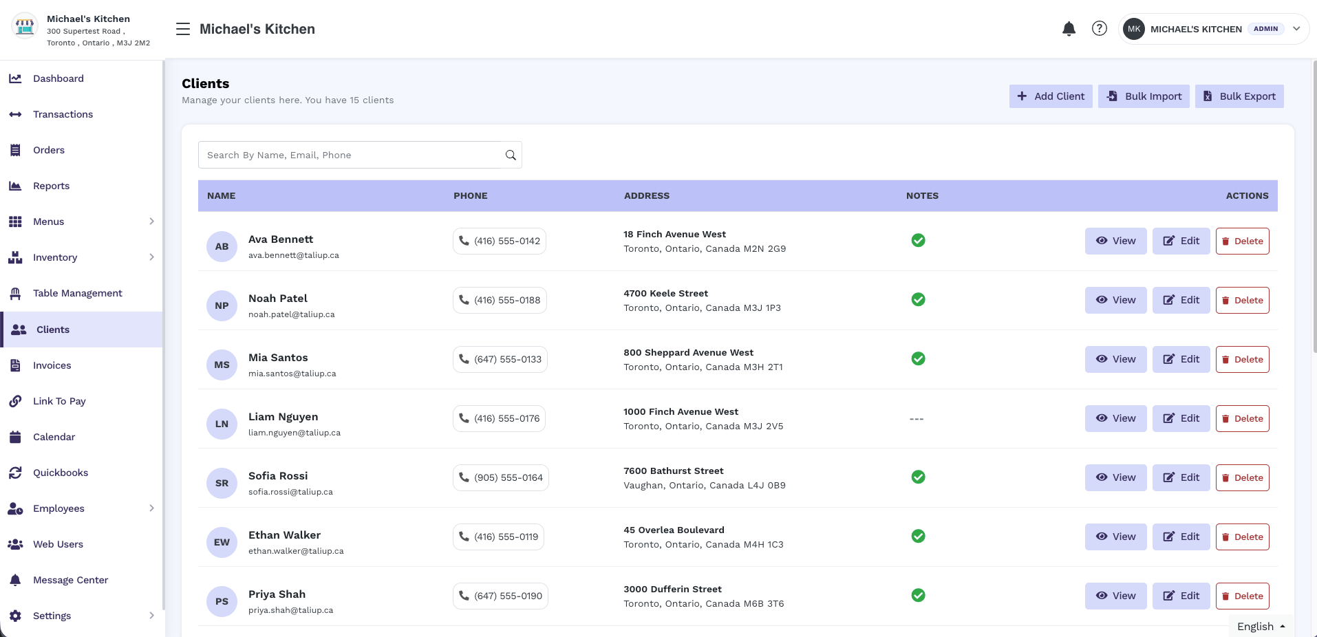 Clients page for Michael's Kitchen showing 15 clients with Name, Phone, Address, Notes, and Actions columns
