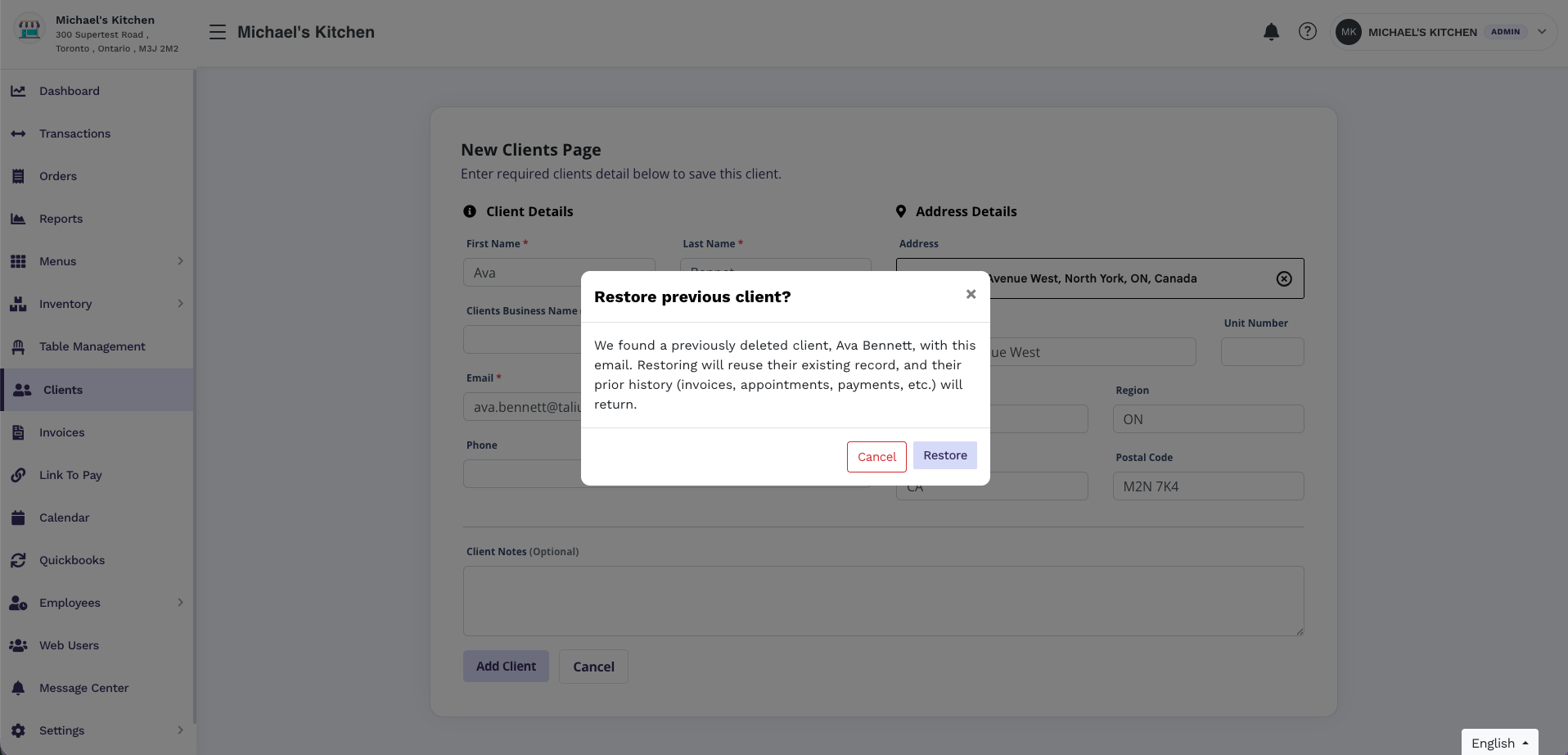 Restore previous client modal for Ava Bennett with Cancel and Restore buttons