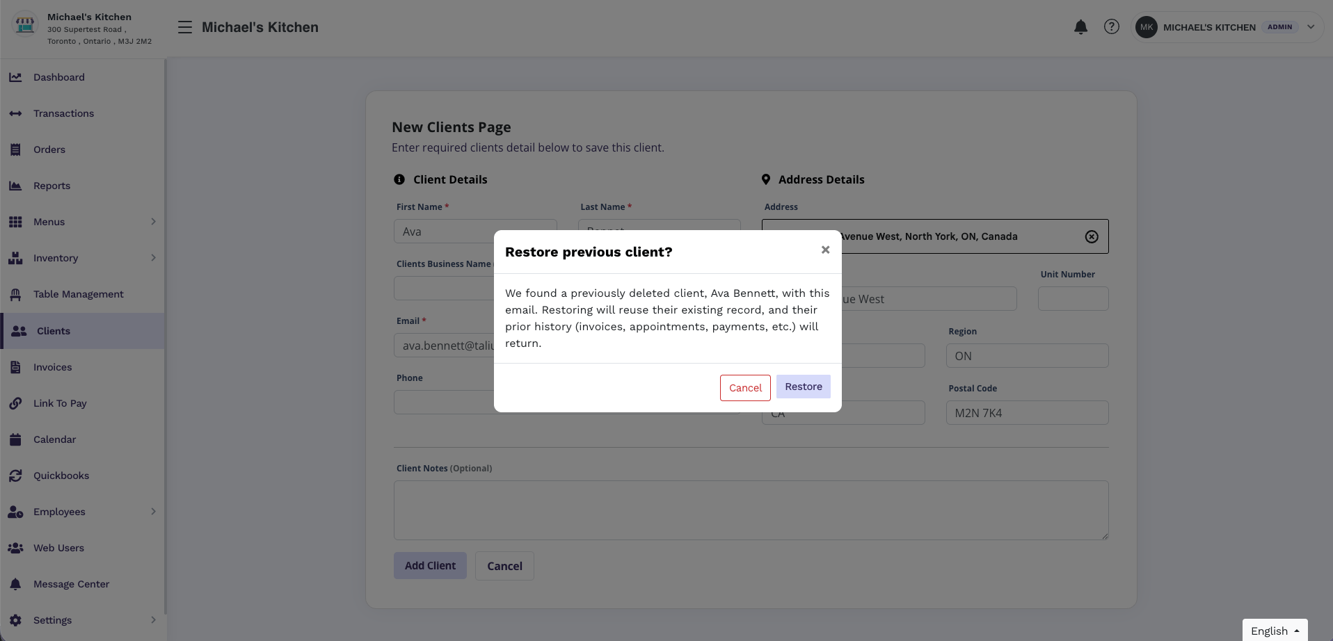 Restore previous client modal for Ava Bennett with Cancel and Restore buttons