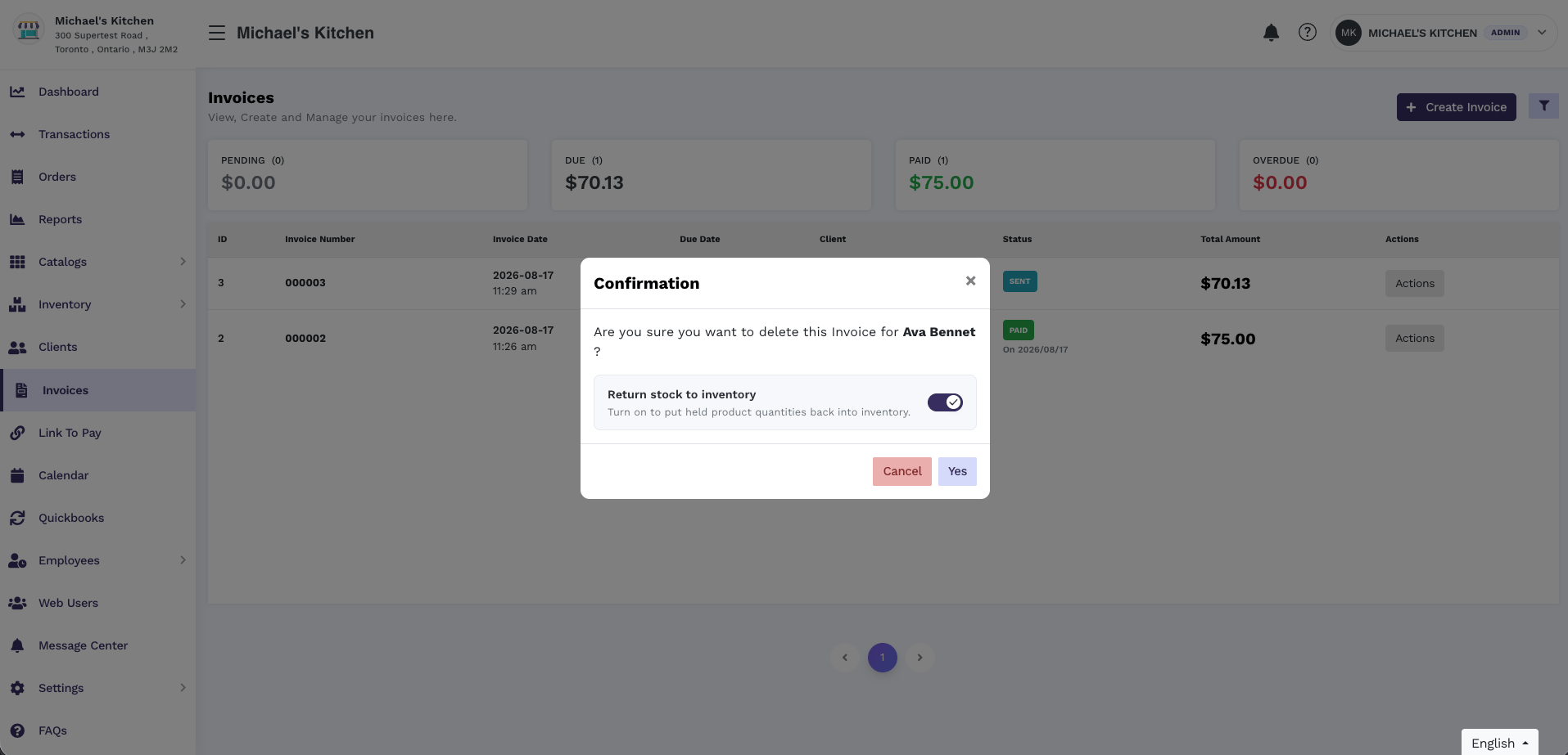 Confirmation modal asking to delete an invoice for Ava Bennett, with Return stock to inventory turned on
