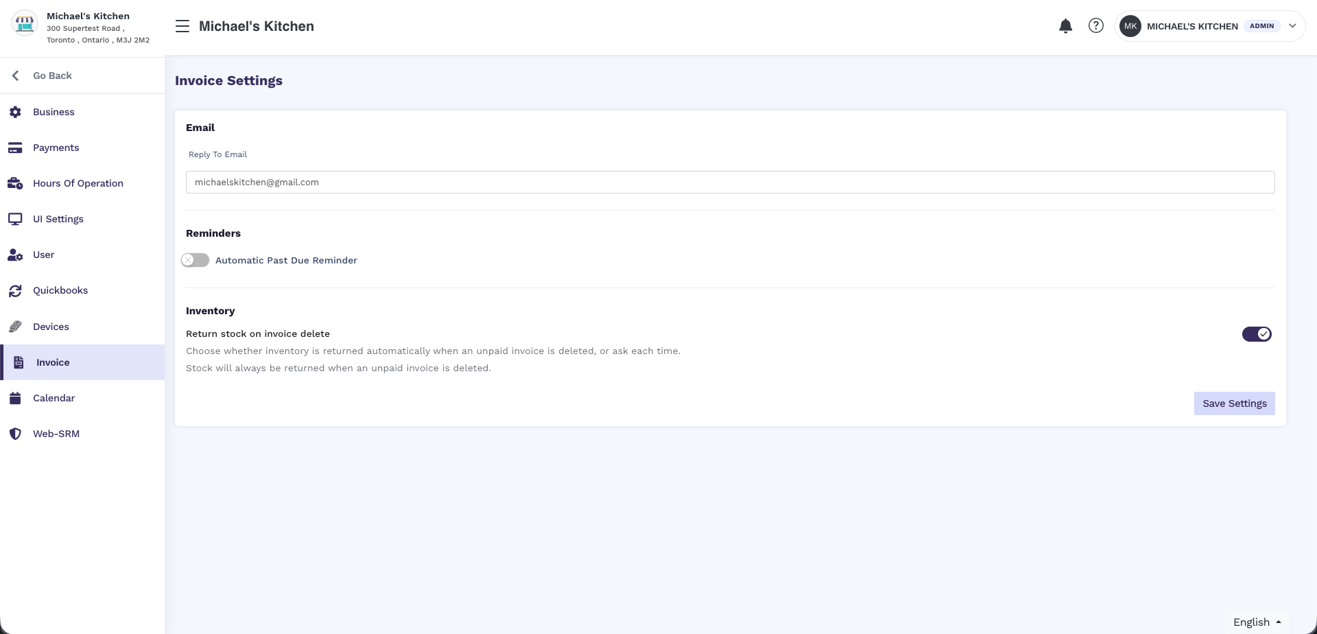 Invoice Settings showing Email, Reminders, and Inventory with Return stock on invoice delete turned on