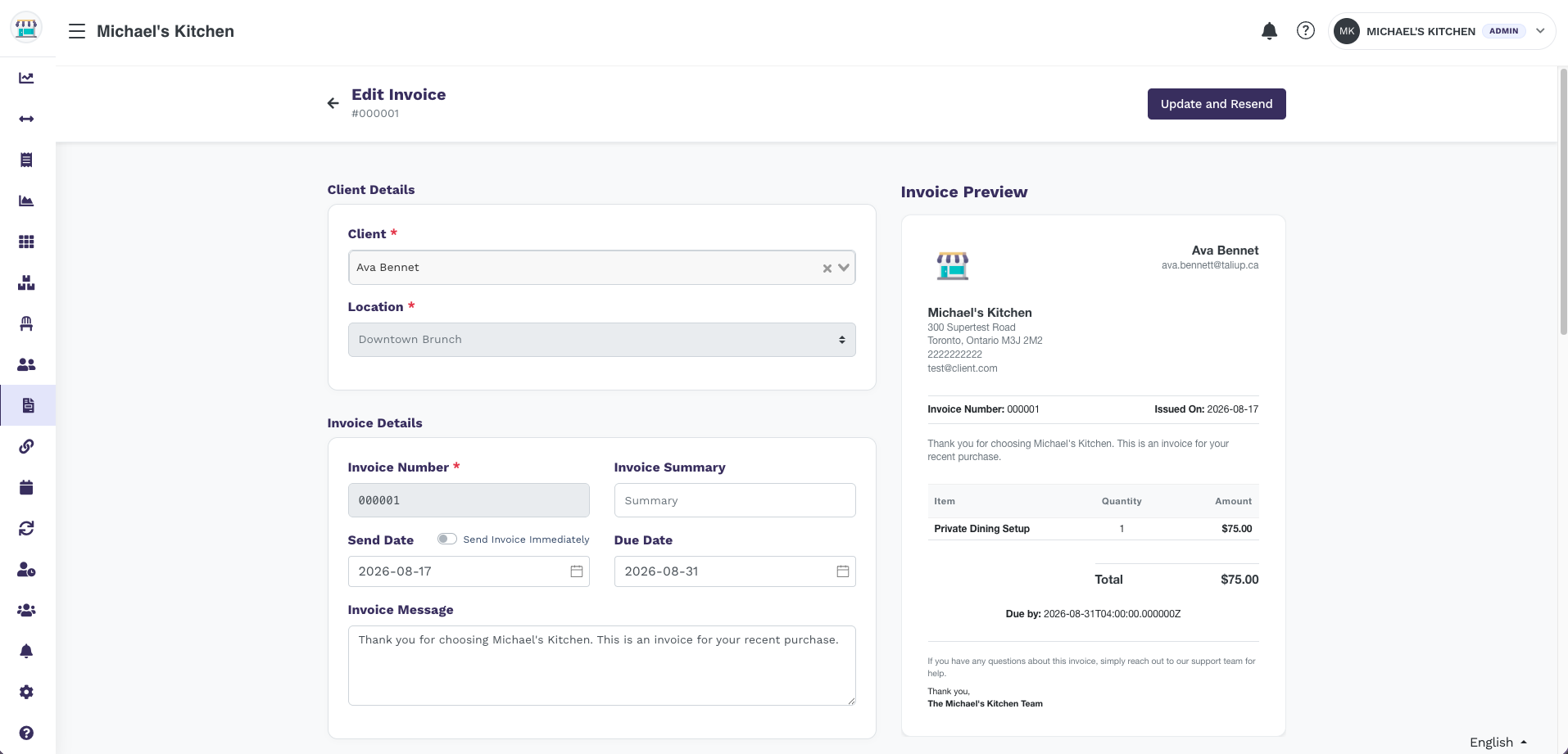Edit Invoice page with Client Details, Invoice Details, live preview, and Update and Resend in the header