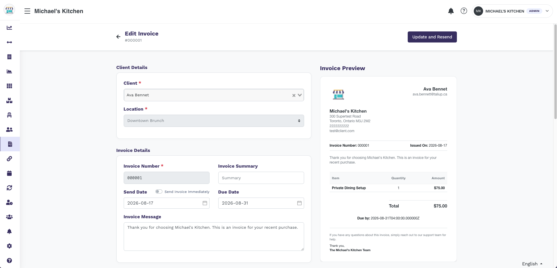 Edit Invoice page with Client Details, Invoice Details, live preview, and Update and Resend in the header