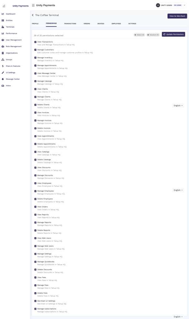 Permissions tab with a list of checkboxes for each permission, a live counter, and Select All / Deselect All / Update Permissions controls in the header bar