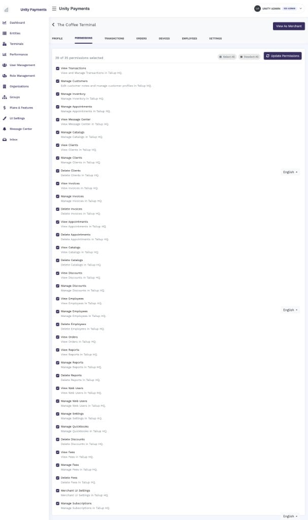 Permissions tab with a list of checkboxes for each permission, a live counter, and Select All / Deselect All / Update Permissions controls in the header bar
