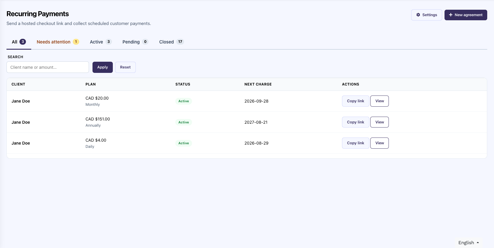 Recurring Payments list showing All, Needs attention, Active, Pending, and Closed tabs, plus Jane Doe Active agreements with Copy link and View