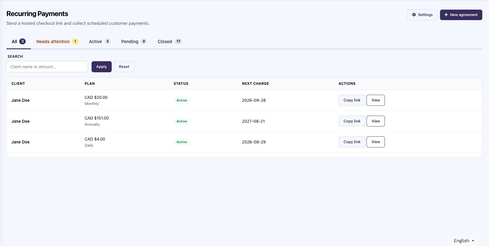 Recurring Payments list showing All, Needs attention, Active, Pending, and Closed tabs, plus Jane Doe Active agreements with Copy link and View