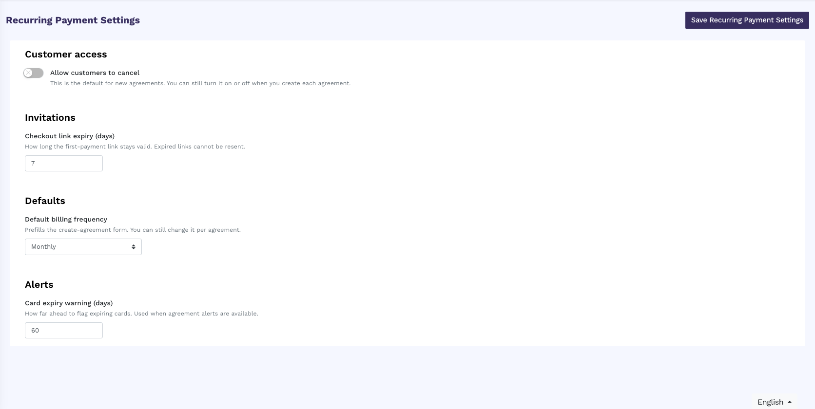 Recurring Payment Settings with Allow customers to cancel off, checkout link expiry 7 days, default frequency Monthly, and card expiry warning 60 days