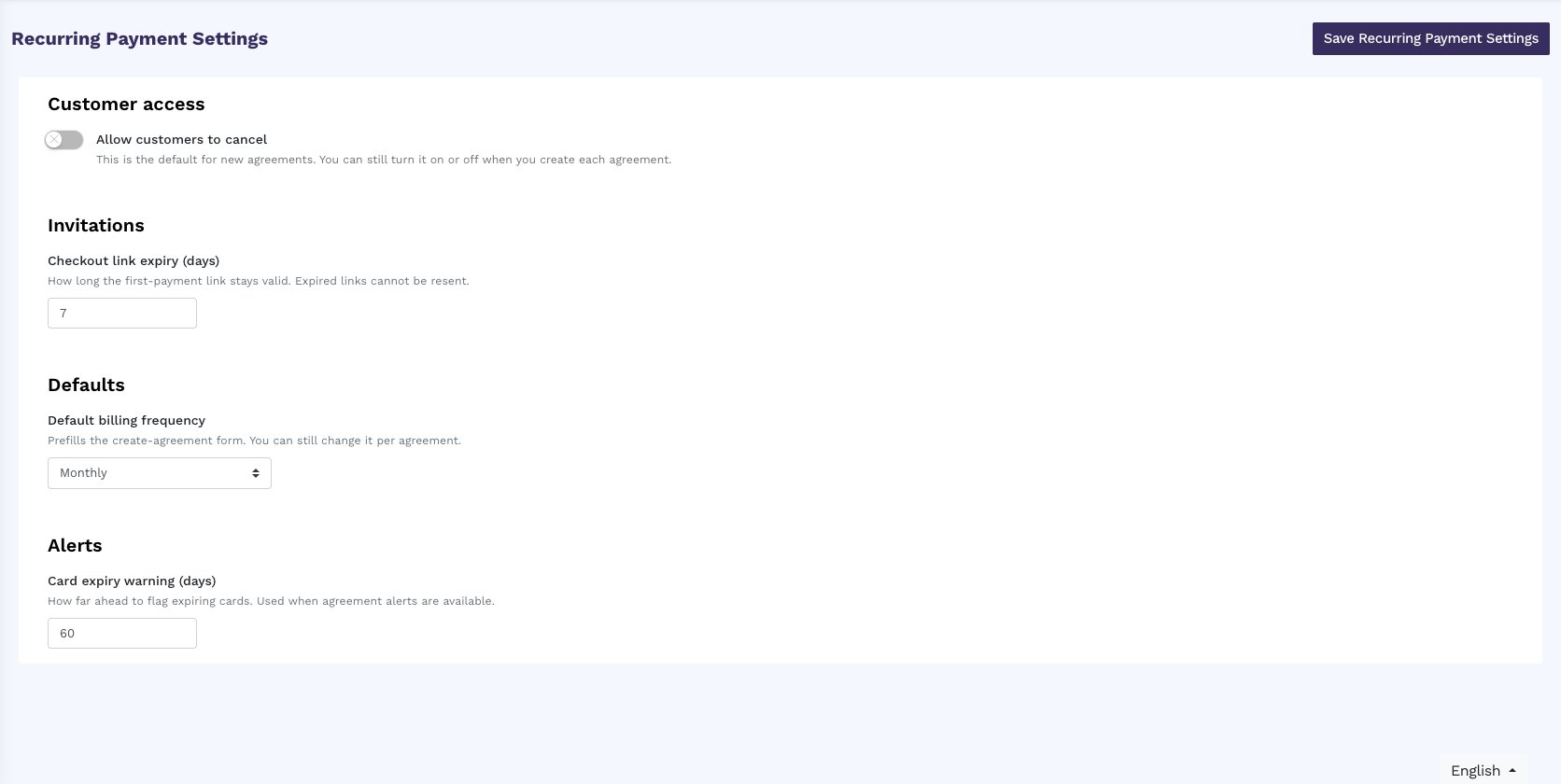 Recurring Payment Settings with Allow customers to cancel off, checkout link expiry 7 days, default frequency Monthly, and card expiry warning 60 days