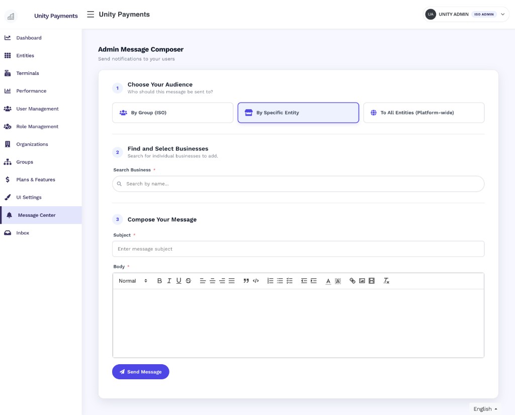 Admin Message Composer with By Specific Entity selected, showing step 2 titled 'Find and Select Businesses — Search for individual businesses to add.' with a pill-shaped Search Business input (Search by name... placeholder) and a Compose Your Message section below