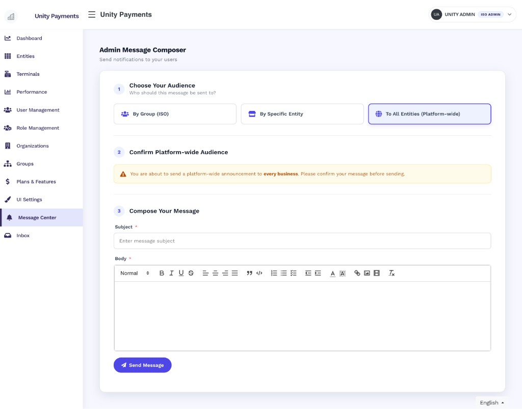 Admin Message Composer with To All Entities (Platform-wide) selected, showing step 2 titled 'Confirm Platform-wide Audience' with an amber warning banner: 'You are about to send a platform-wide announcement to every business. Please confirm your message before sending.'