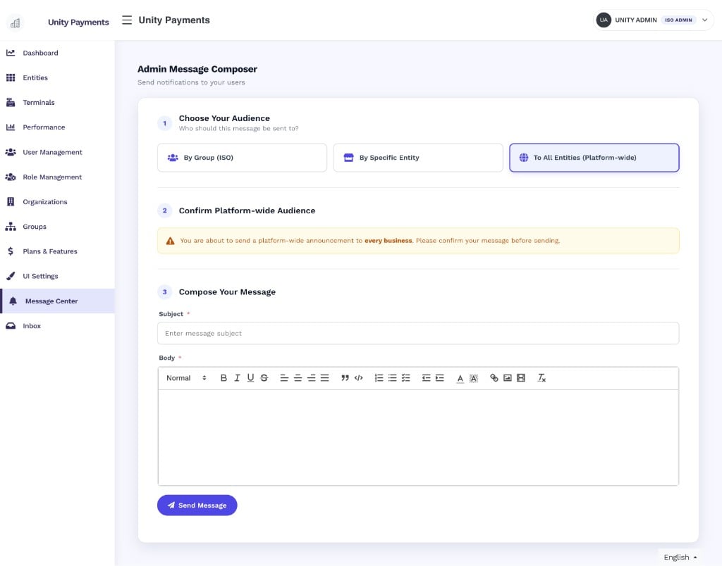 Admin Message Composer avec To All Entities et une bannière ambre You are about to send a platform-wide announcement