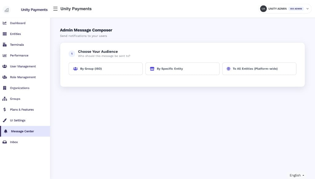 Admin Message Composer avec trois cartes : By Group (ISO), By Specific Entity et To All Entities (Platform-wide)