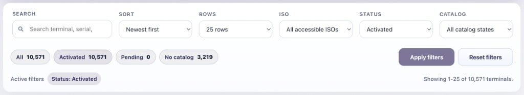 Filter toolbar showing dropdown menus and the Apply filters / Reset filters buttons