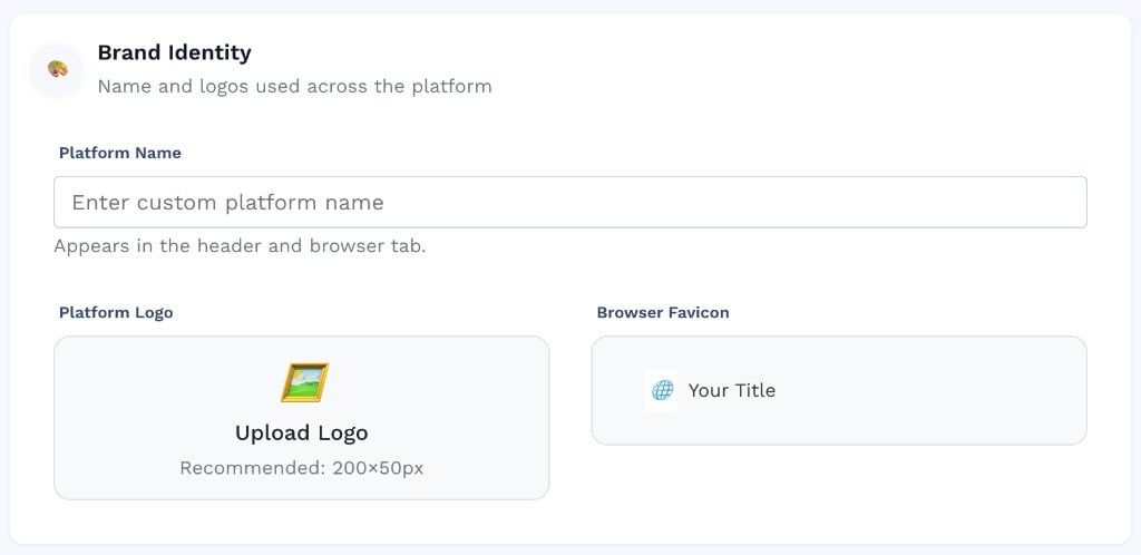 Brand Identity avec Platform Name, zone Upload Logo (200x50 px) et Browser Favicon