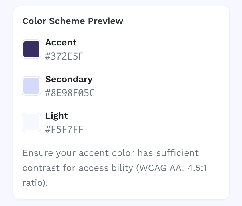 Color Scheme Preview : Accent, Secondary, Light et une note d'accessibilité WCAG AA