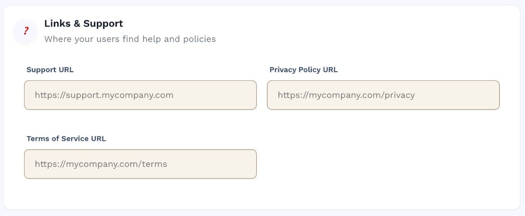 Links & Support avec Support URL, Privacy Policy URL et Terms of Service URL