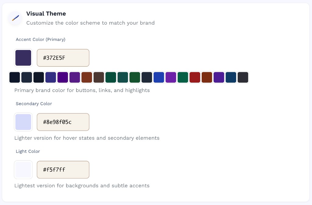 Visual Theme panel showing Accent Color (Primary) with a dark purple swatch (#372E5F) and a hex input, a row of 20 preset color swatches ranging from navy to dark green to burgundy, Secondary Color (#8e98f05c) with a light lavender swatch, and Light Color (#f5f7ff) with a near-white swatch