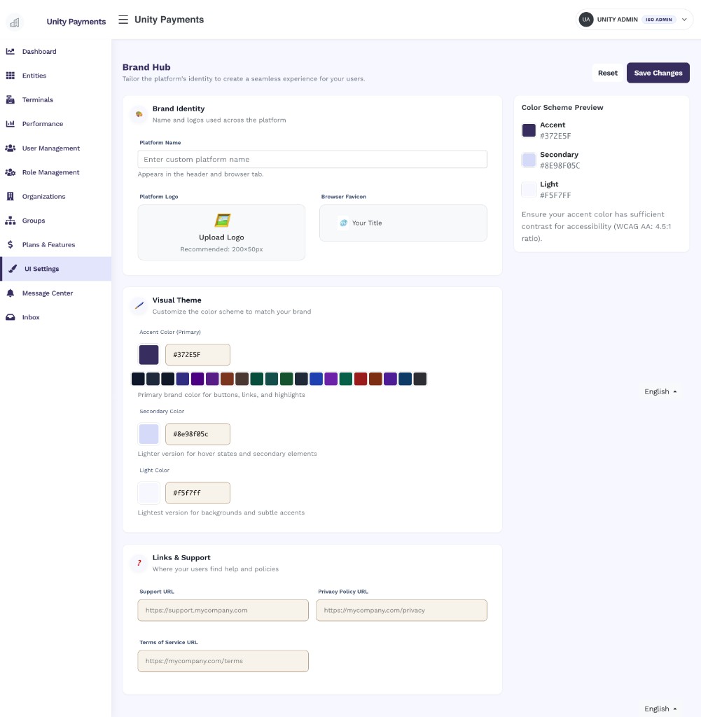 Brand Hub full page with Platform Name field, Platform Logo and Browser Favicon upload areas, Accent/Secondary/Light color pickers with a preset palette, Support/Privacy Policy/Terms of Service URL fields, and a Color Scheme Preview sidebar showing live color swatches for Accent (#372E5F), Secondary (#8E98F05C), and Light (#F5F7FF)