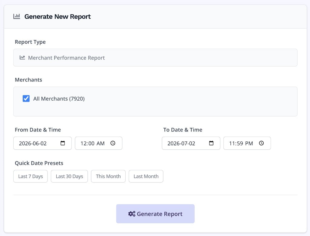 Formulaire Generate New Report avec type Merchant Performance Report, case All Merchants, champs From et To, et boutons Last 7 Days, Last 30 Days, This Month, Last Month