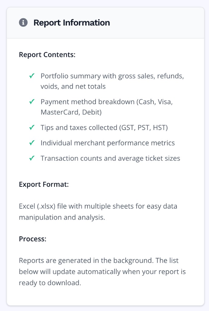 Report Information panel listing Report Contents, Export Format, and Process sections