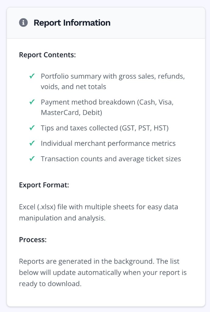Panneau Report Information listant Report Contents, Export Format et Process