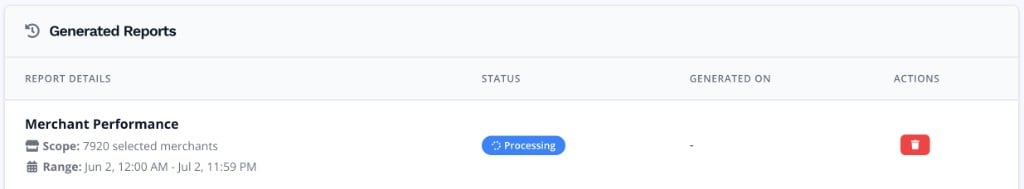 Ligne avec pastille Processing bleue indiquant que le fichier Excel est en cours de génération